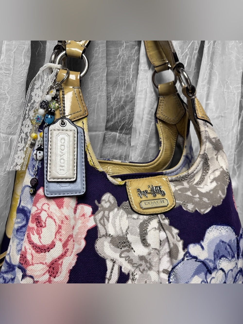 COACH Madison Floral Canvas Shoulder Bag with Patent Leather Straps